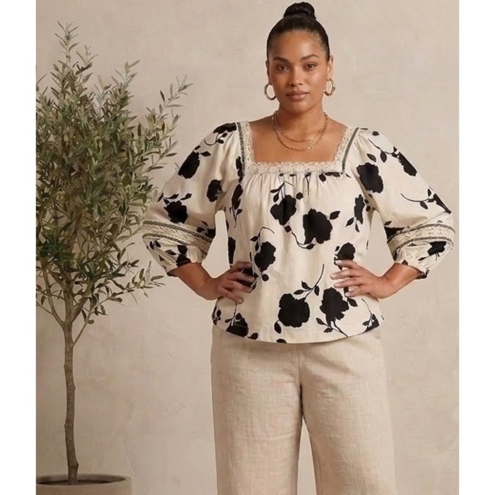 Maurices Ivory Black Floral Cottage Boho Crochet Square Neck Puff Blouse Sz 3XL